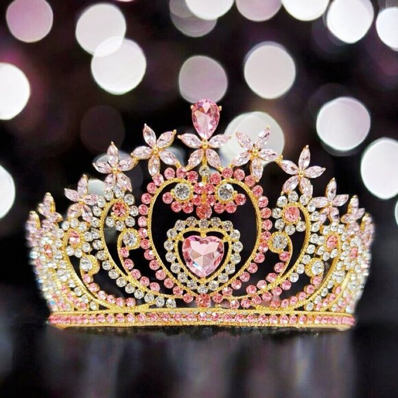 Crystal heart tiara, Gold tiara, Pink stone Tiara, Bridal tiara, Birthday crown main image 4